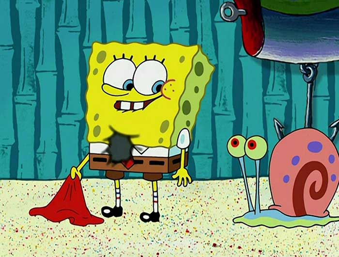 spongebob talking to gary while having a punch mark in his torso