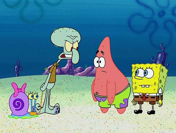 squidward talking angrily to confused looking patrick and spongebob