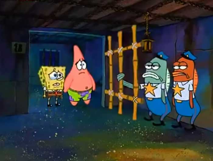 Spongebob crying, patrick looking sad while two police men lock them up behind bars