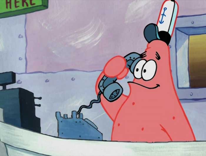 Patrick answering a call in the krusty krab