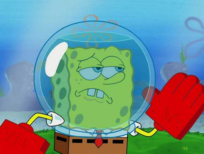 Spongebob looking confident with a fishbowl and karate choppers