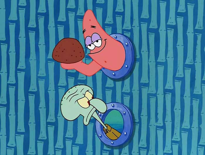 patrick and squidward sticking their heads in through two windows