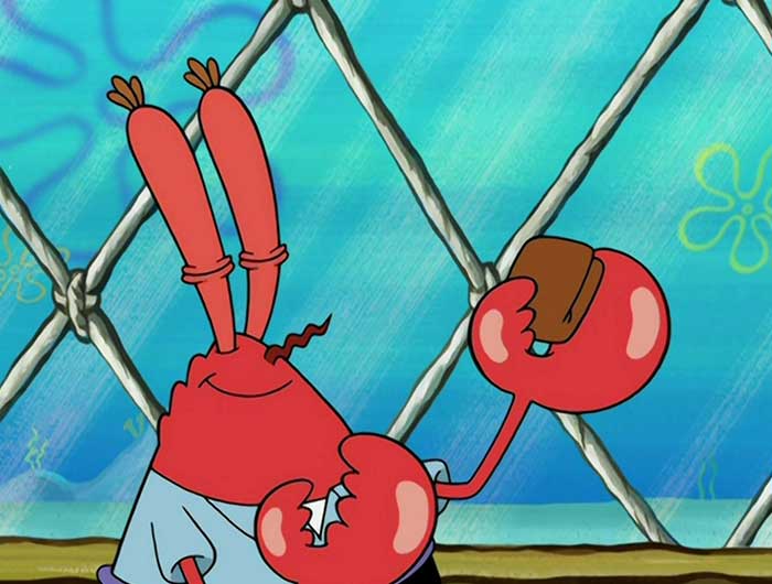 Mr. Krabs raising up his wallet proudly