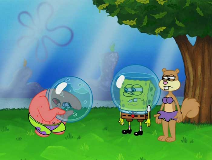 patrick looking desperate while spongebob and sandy are sideyeing him