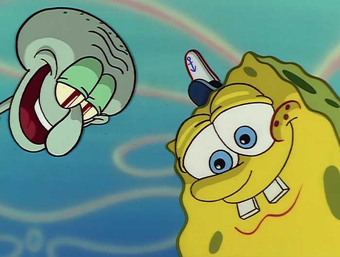 Squidward and sponebob looking down menacingly