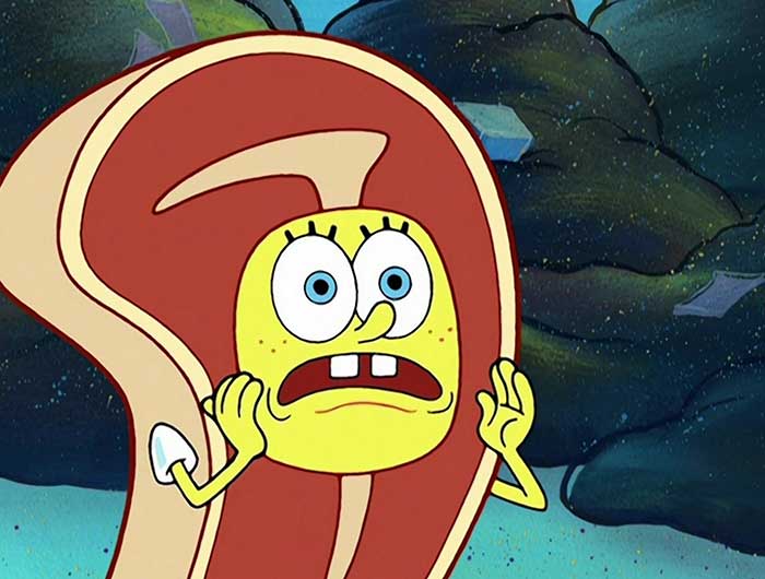 Spongebob shouting while wearing a beef steak costume