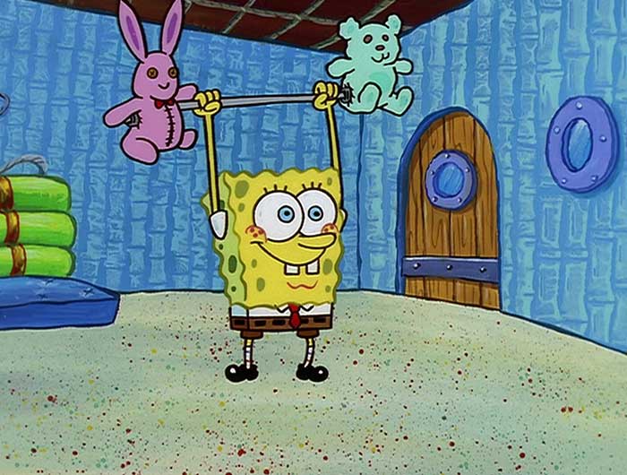 Spongebob lifting plushie weights overhead