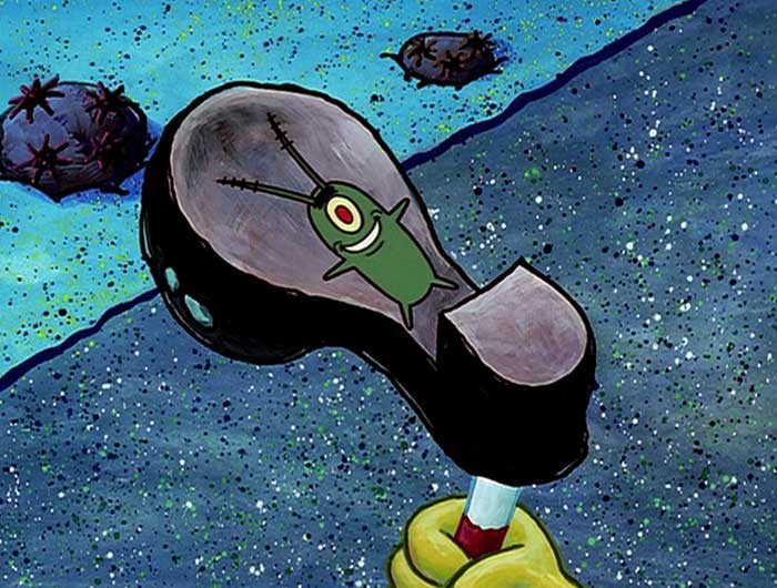 Plankton smiling while being squished under spongebob's shoe