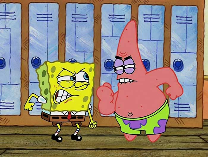 Spongebob and patrick threatening each other