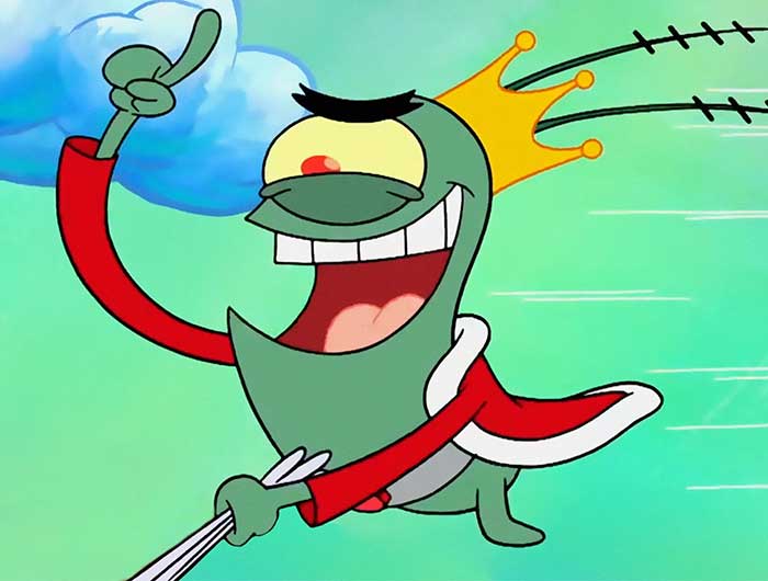Plankton flying while dressed up as a king