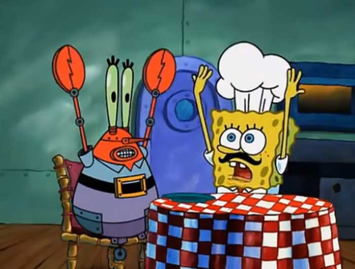 Robot crabs and chef spongebob calling out for ravioli 