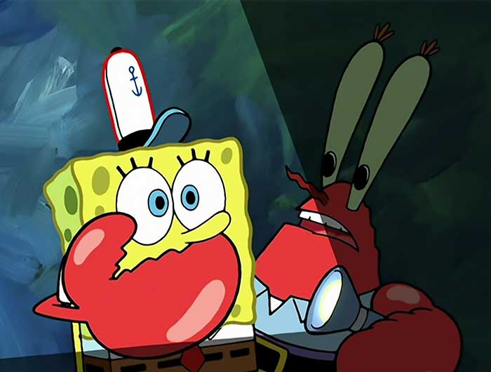 Mr. Krabs covering Spongebob's mouth while flashing a flashlight at him