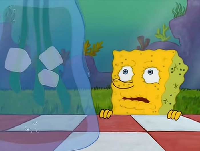Spongebob looking dried out while looking at some old water