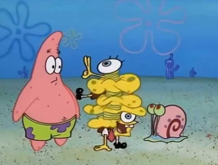 Spongebob being tangled up in himself, Patrick and Garry looking at him with blank stares
