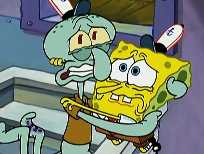 Squidward And Spongebob hugging looking terrified