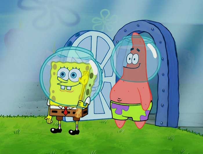 Spongebob and Patrick star wearing fish tanks on their heads entering Sandy's hone