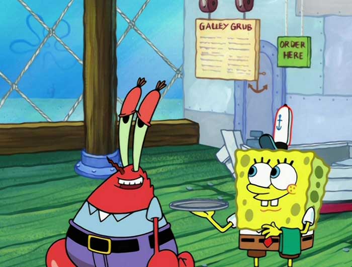 Mr. Krabs looking alleviated while spomgebob is cheerfully looking at him