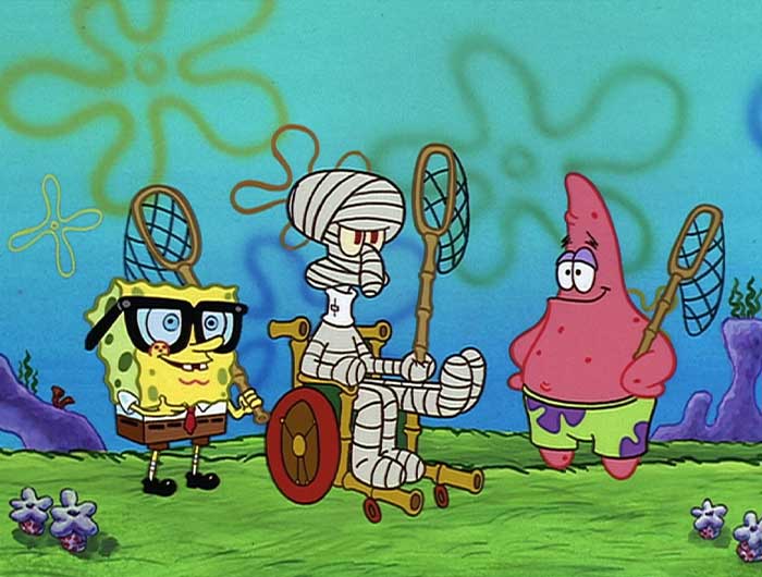 Squidward in a full body cast sitting in a wheelchair catching jellyfish together with spongebob and patrick