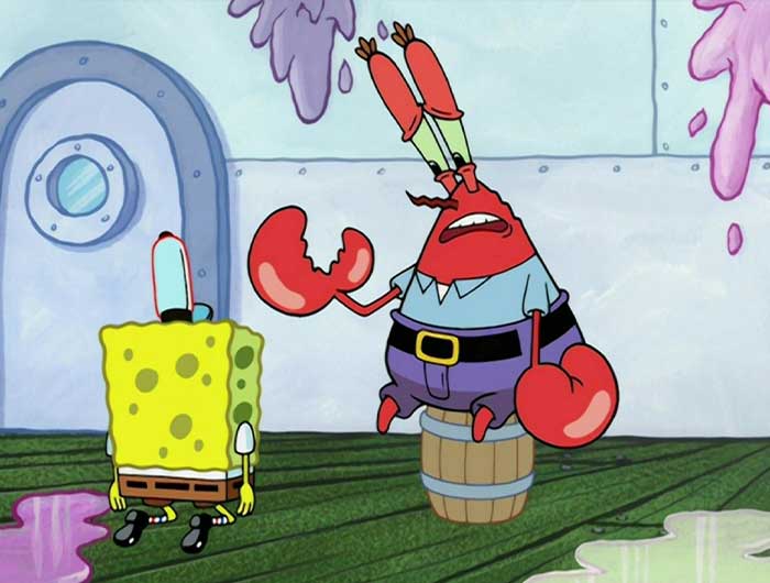 Mr.Krabs looking sad while talking to spongebob