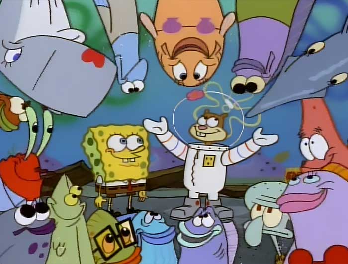 Spongebob and Sandy cheeks being surronded by fish