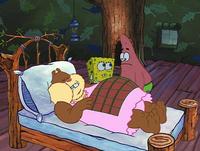 Sandy cheeks hibernating with spongebob and patrick standing next to her