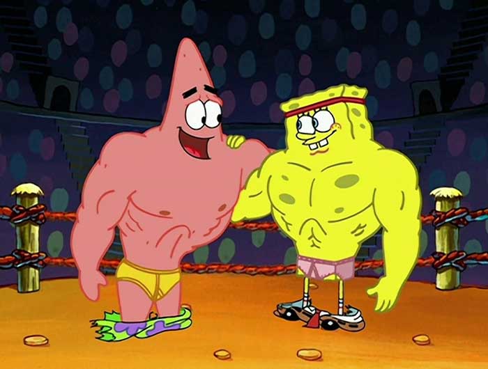 Buff Patrick and Buff Spongebob hugging
