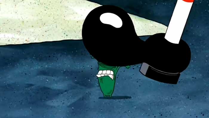 Sheldon J. Plankton being squished under spongebob's shoe