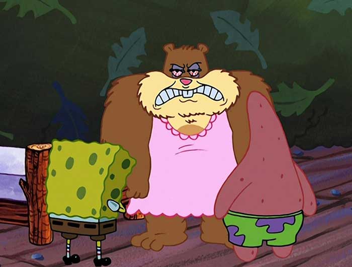 Sandy cheeks very angry woken up from hibernation with spongebob and patrick standing in front of her