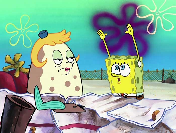 Mrs. Puff looking disappointed but not surprised at spongebob