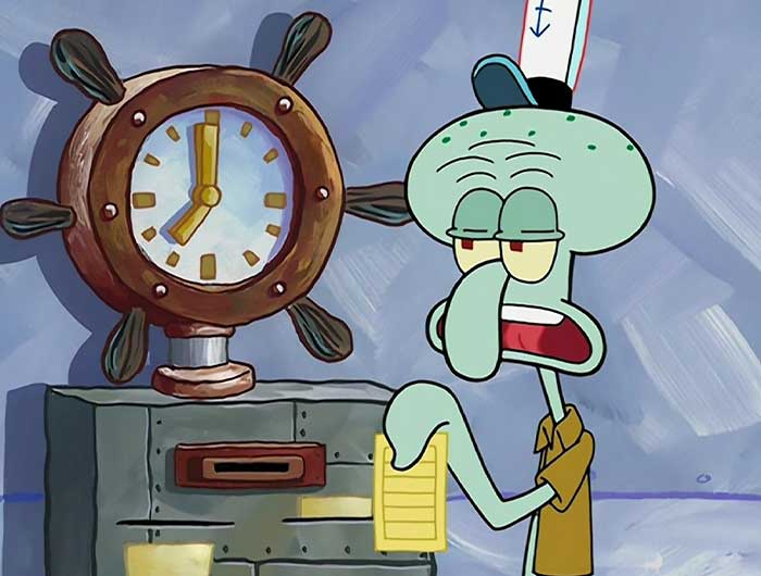 Squidward looking empty clocking into work
