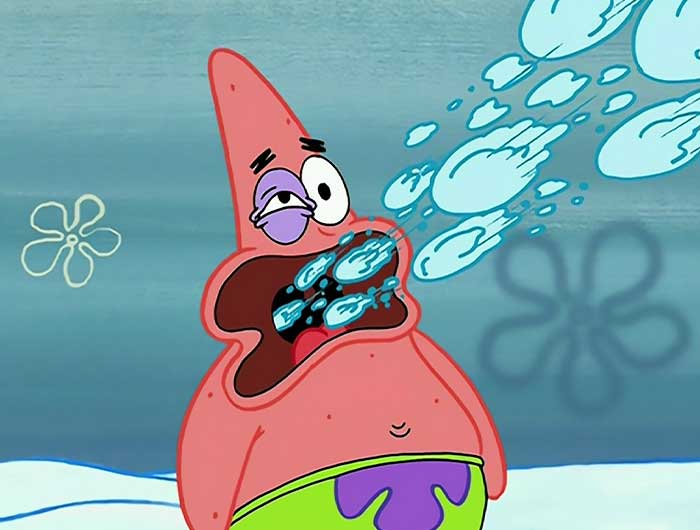 Patrick star being doused with snowballs