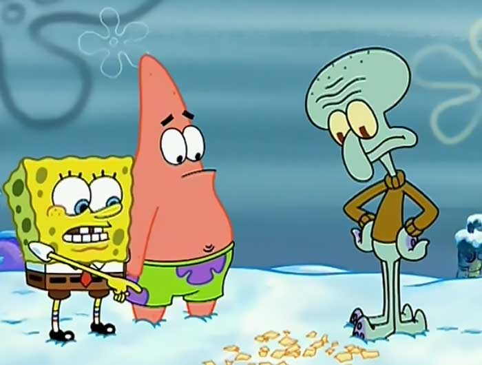 Spongebob pointing at shredded paper on the ground in front of squidward