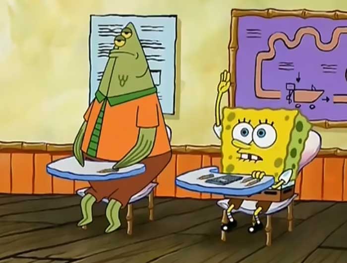 Spongbob raising his hand in Mrs.Puffs driving class