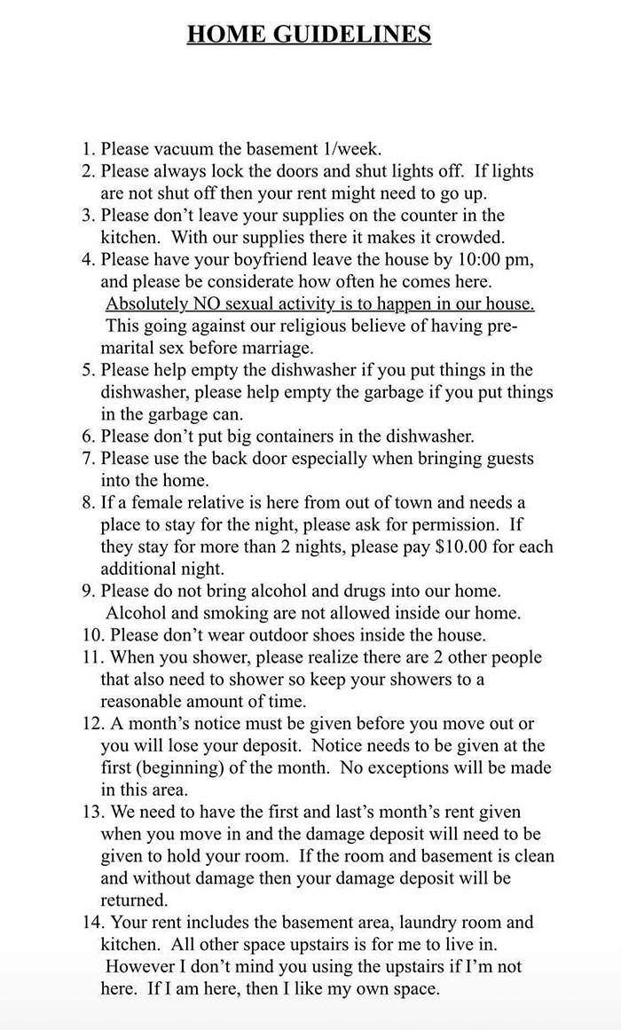 My Friend Just Received Some Questionably Specific House Rules From Her Landlord After Signing