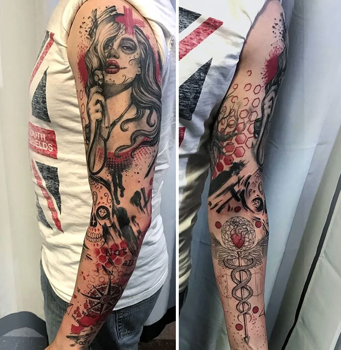 Arm sleeve tattoo with woman portrait, caduceus and skull