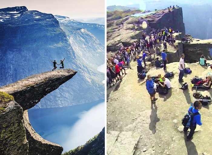Expectation vs. Reality Of Trolltunga, Norway. Also Not Pictured: The 4 To 5 Hour Long Strenuous Hike To Get There