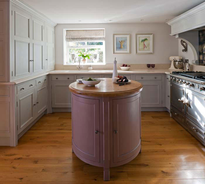 circular pink wooden kitchen island 