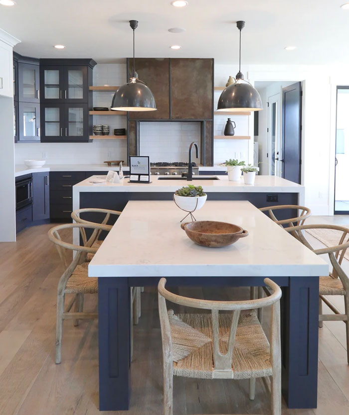 T-shaped blue and white kitchen island