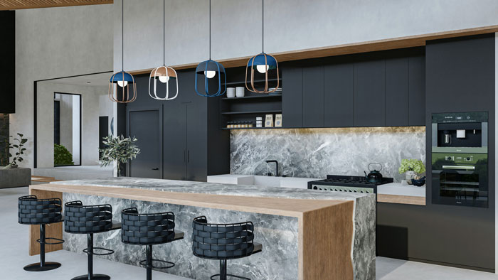 a modern kitchen with marble and wood counter tops and black bar chairs
