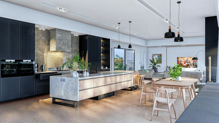 a large open kitchen with a kitchen island as a visual divider and a dining table with chairs
