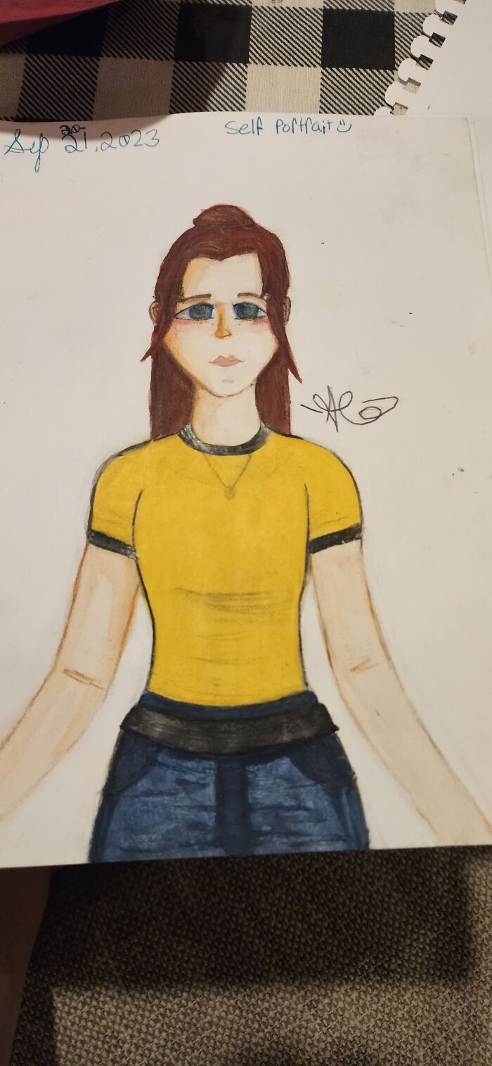 I Drew A Self Portrait In My Style. Only After I Colored It Did I Realize That The Arms Were Two Different Sizes, And Were Too Long