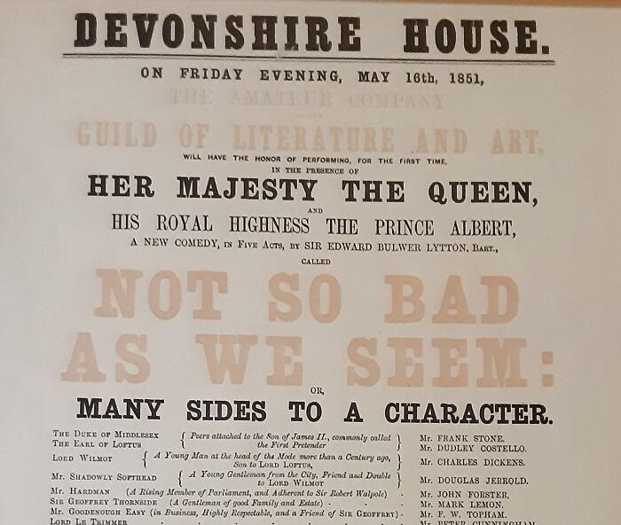 1851 Flyer For Theatre Comedy With Charles Dickens Playing A Young Man. Queen Victoria In Attendance. Not The Oldest I Have, But I Had The Picture Handy