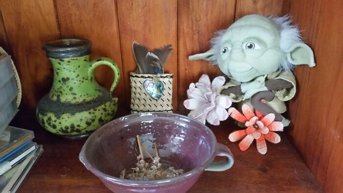 Yoda With Hand Made Flowers, Kete With Paua And Feathers, 2nd Hand Jug/Vase And A Pottery Bowl With Seed Heads