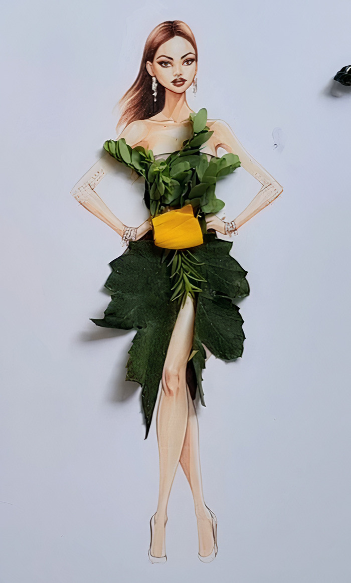 A drawing of a woman dressed in real leaf gown
