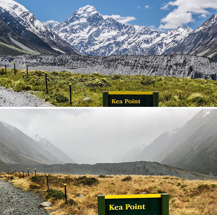 Comparison Picture As Proof That Not All Days In New Zealand Are Filled With Glorious Weather. Expectation vs. Reality At Kea Point