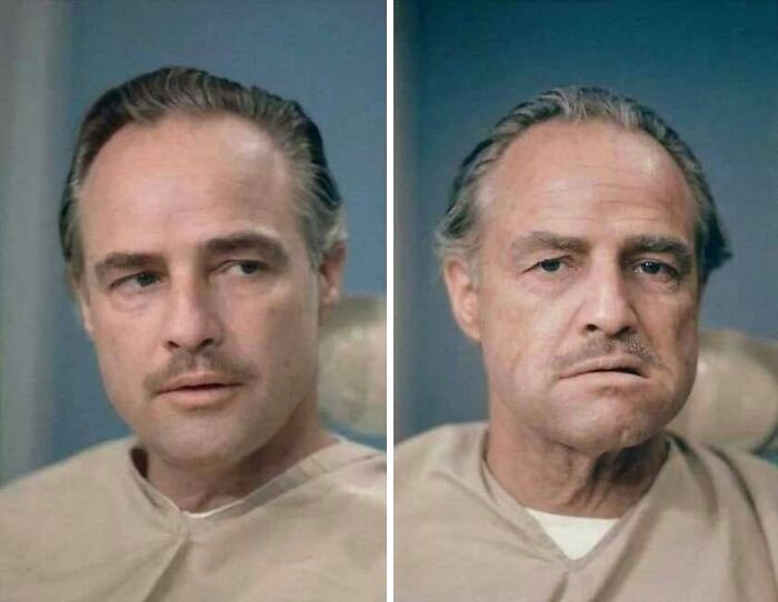 Marlon Brando Before And After Getting His Make Up Done To Be Don Vito Corleone