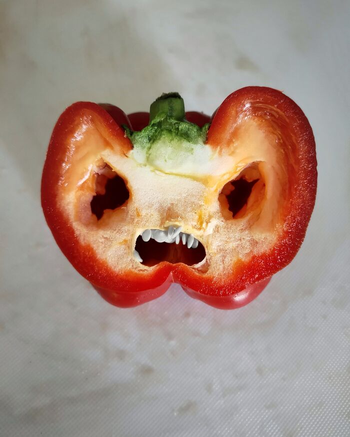 An image of a bell pepper looking angry