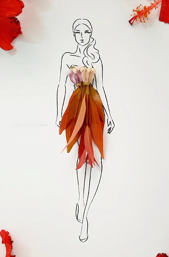 A drawing of a woman dressed in real flower petal gown