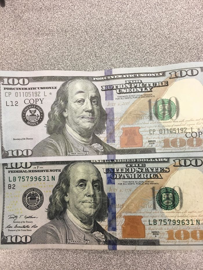 This Fake Hundred Dollar Bill My Coworker Accepted. (Real Bill For Comparison.)