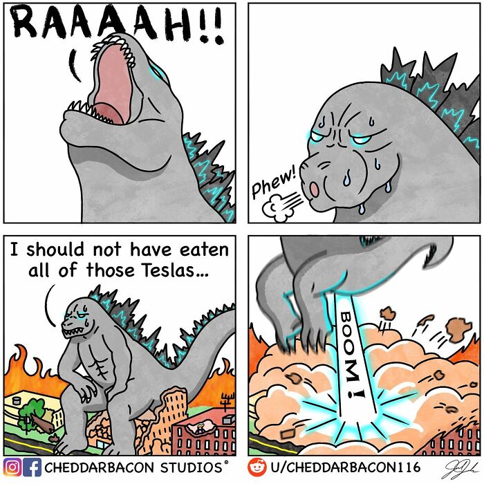 Godzilla attacks and eats all the Teslas
